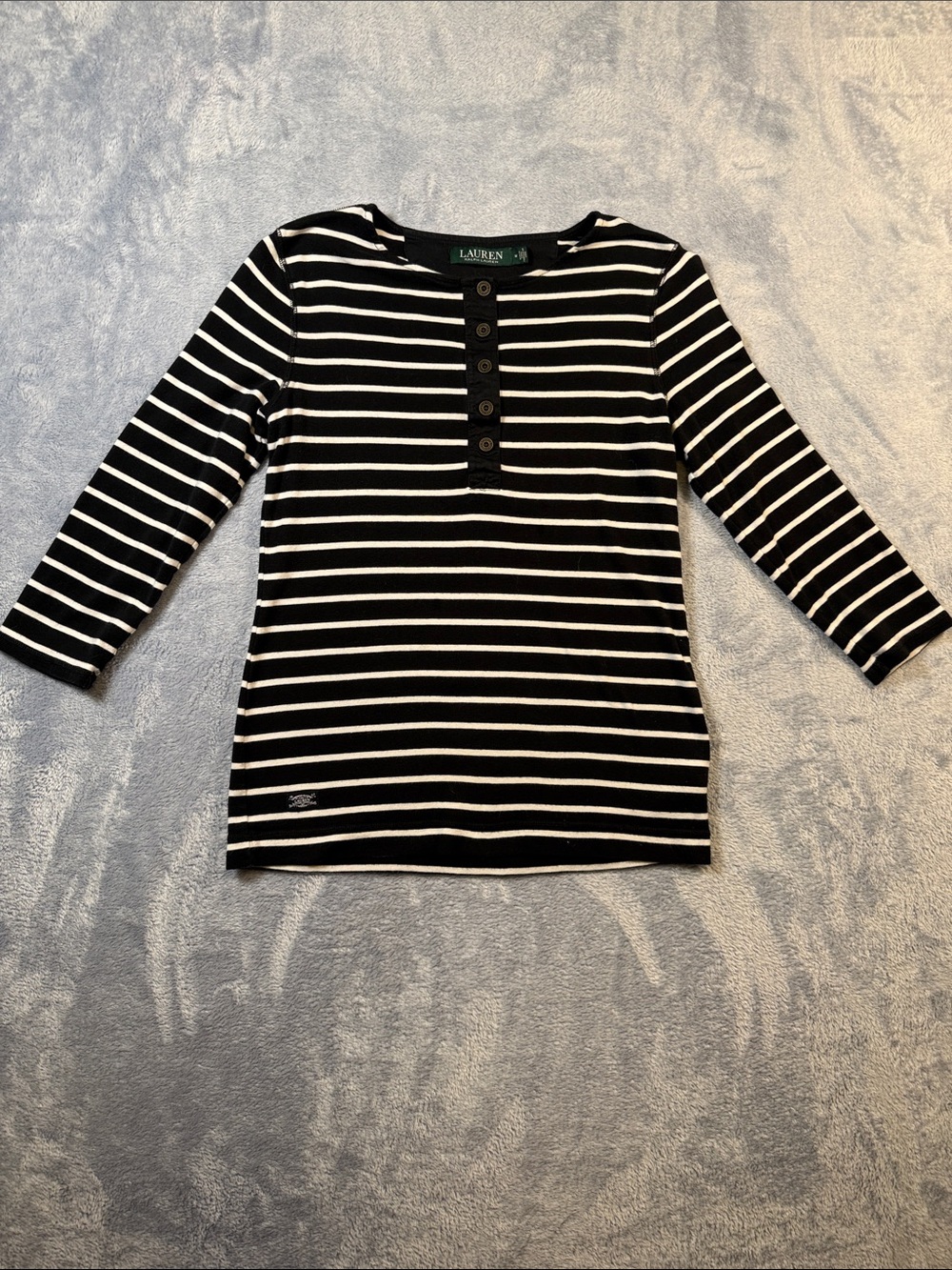 Lauren Ralph Lauren Black and White Striped Henley Long Sleeve Top